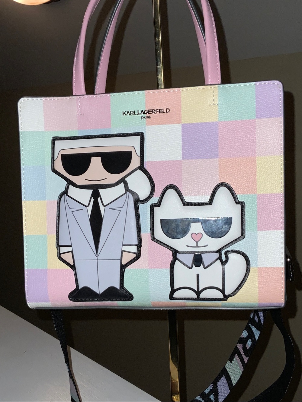 Karl Lagerfeld Pastel Check Tote with Character Appliqué - Pink